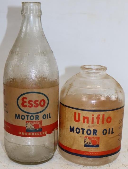 Group of 2 Esso & Uniflo Glass War Time Qt Bottles with Paper Labels: 32 Oz Each, Both Empty