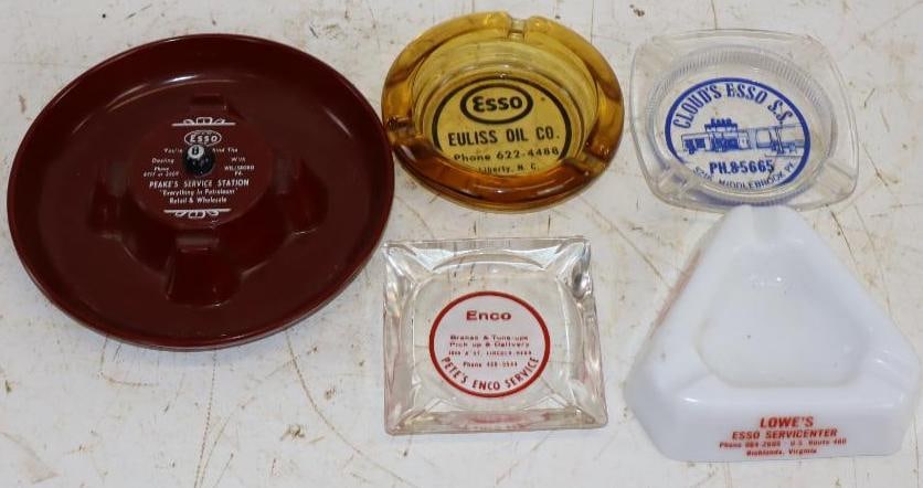 Group of 5 Different Esso Advertising Ash Trays: Largest is 6.25x6.25x1