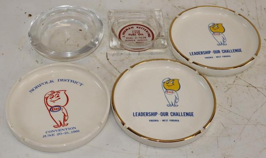 Group of 5 Glass and Ceramic Esso Advertising Ash Trays: Largest is 6.75x6.75x1