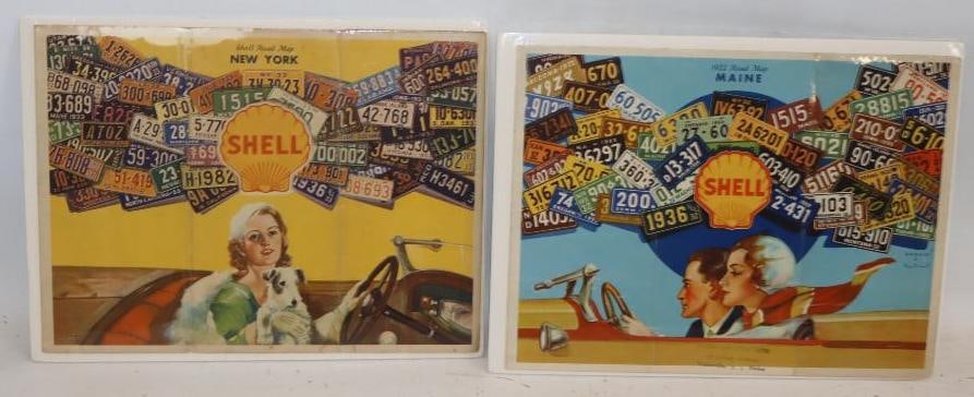 Group of 2 1930's Shell 3 Panel Gas Station Maps (1 of 4)