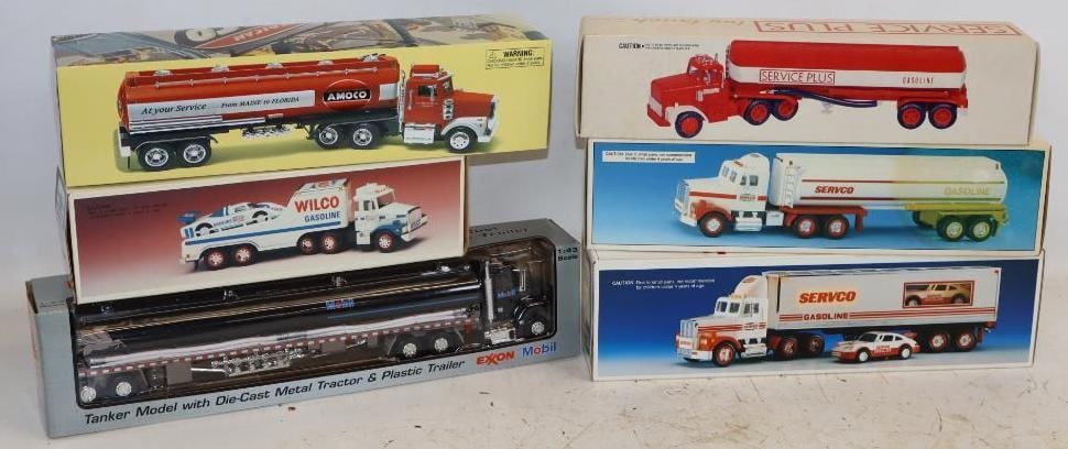Group of 6 Wilco, Amco and Mobil Gas Station Toy Trucks in Original Boxes: 18x3x4.25 Is The Largest