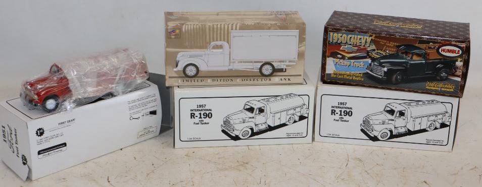 Group of 5 Die-Cast Ford and Chevy Standard Oil Delivery Trucks: Largest is 9x4x4.5