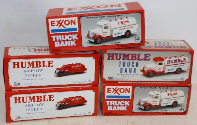 Group of 5 Humble and Exxon Gas Station Tanker Trucks: Largest is 12x4.5x4.5