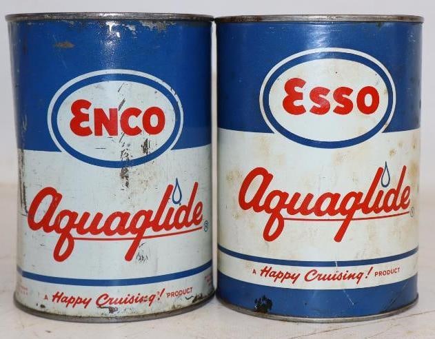 Group of 2 Enco and Esso Aquaglide 1qt Oil Cans: Both Empty Enco Is Metal Esso Is Composite