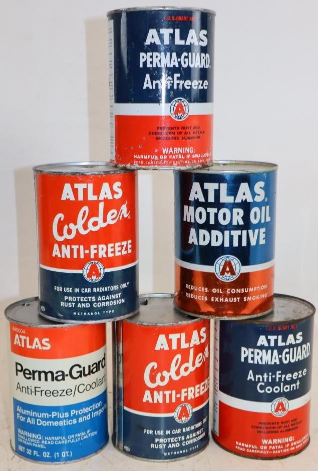 Group of 6 Atlas Metal 1 Quart Anti-Freeze Cans (1 of 2)