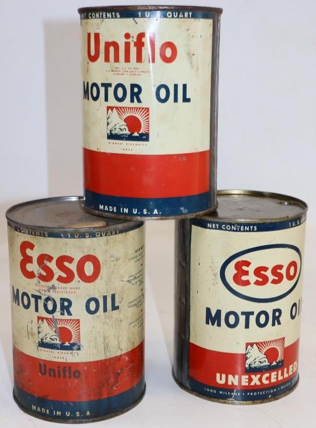 Group of 3 Different Esso Uniflo and Unexcelled Metal 1 Quart Oil Cans (1 of 2)