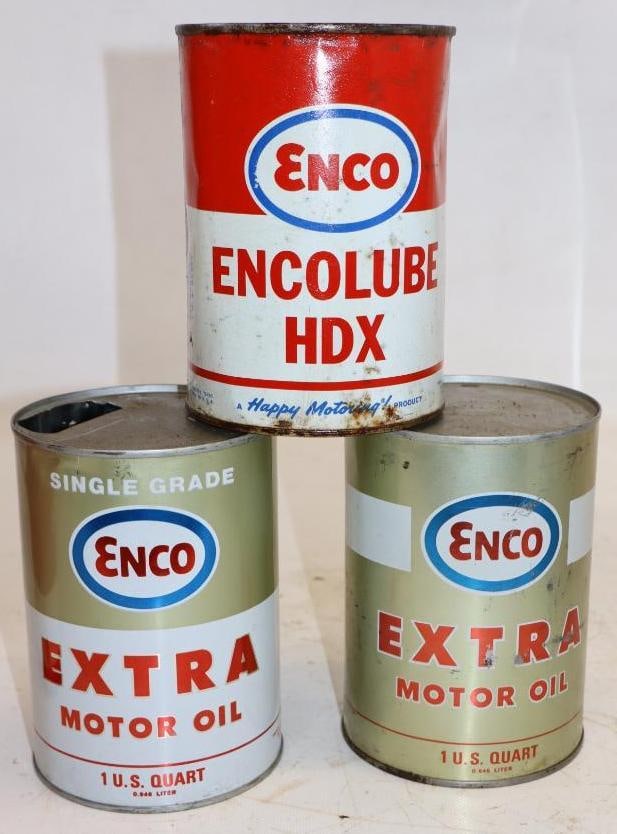 Group of 3 Enco Extra and Encolube Metal 1 Quart Oil Cans (1 of 2)