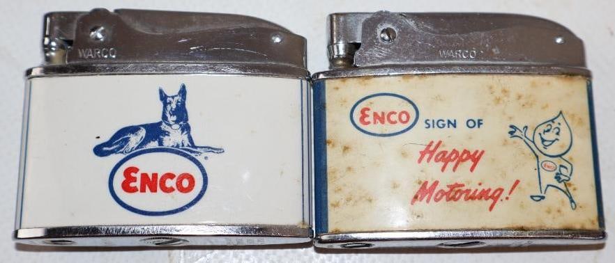 Group of 2 Enco Warco Advertising Refillable Lighters: 2" x 1.75" each