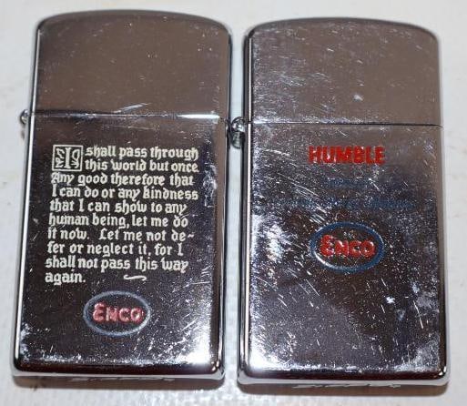 Group of 2 Enco Zippo Advertising Refillable Lighters: 1.25" x 2.25" each
