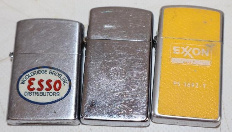 Group of 3 Esso and Exxon Zippo Style Advertising Refillable Lighters: 1.25" x 2.25"