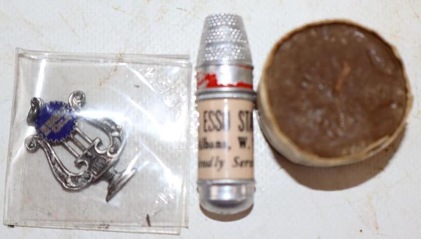 Group of 3 Esso, Humble, Standard Advertising Gifts; Candle, Sewing Container, Necklace Charm: 1.25" x 1.25" x 1.25"