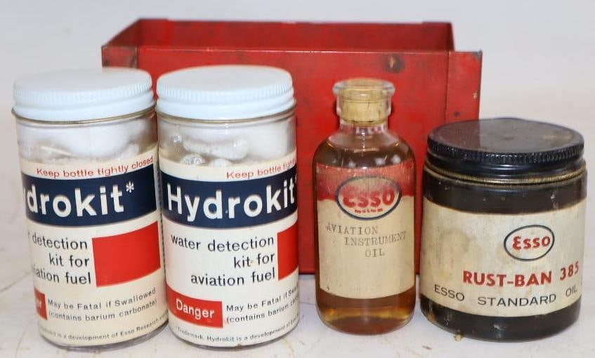 Group of 4 Esso Advertising Aviation Oil Fuel Kit and Rust-Ban Glass Jars: Largest is 1.75" x 1.75" x 3.75"