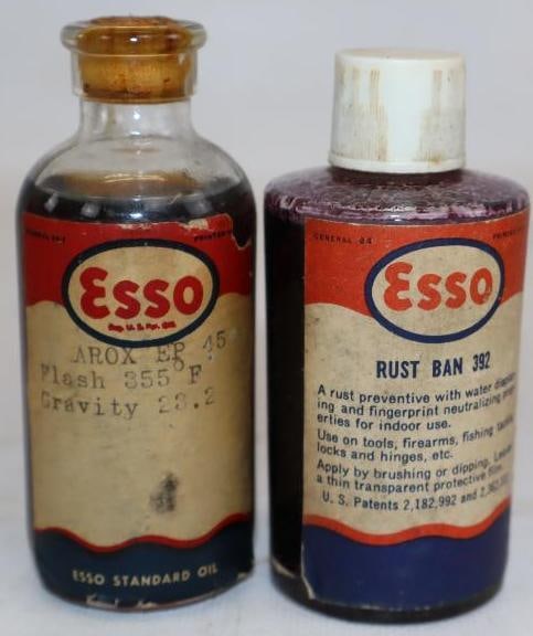Group of 2 Esso Rust-Ban and Arox EP45 Oil Bottles with Paper Labels: 1.5" x 1.5" x 3.5" Each