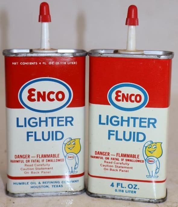 Group of 2 Different Enco Handy Oiler Lighter Fluid Cans with Mr. Oil Drop Graphics (1 of 2)