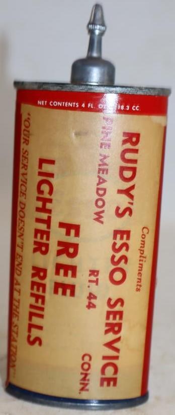 Esso Oval Lighter Fluid Can with Rudy's Service Paper Label Wrap: 4 ounce size, paper label