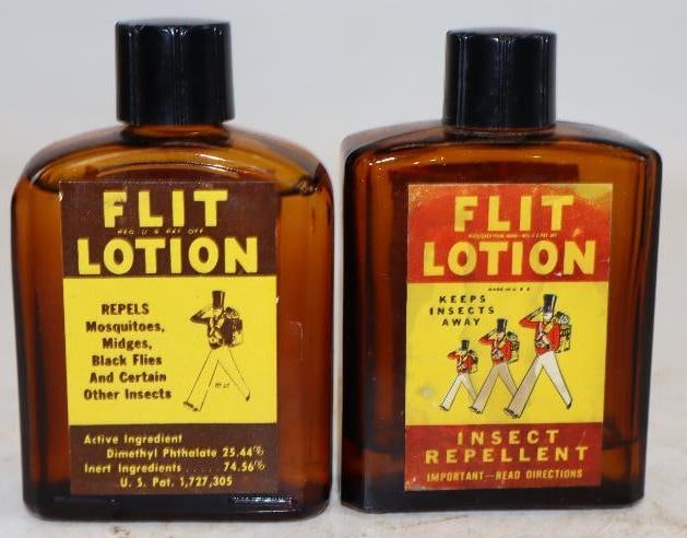 Group of 2 Flit Lotion Insect Repellent Glass Bottles with Papel Labels: 2 oz each