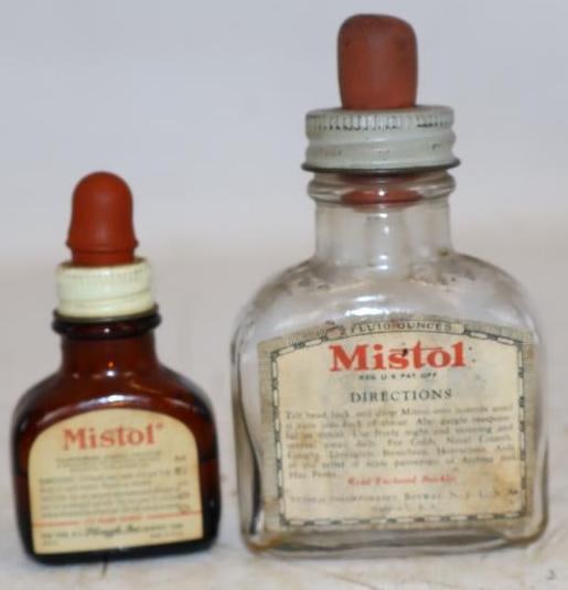 Group of 2 Stanco Mistol Nasal Drop Glass Bottle with Paper Labels: Largest is 2 oz