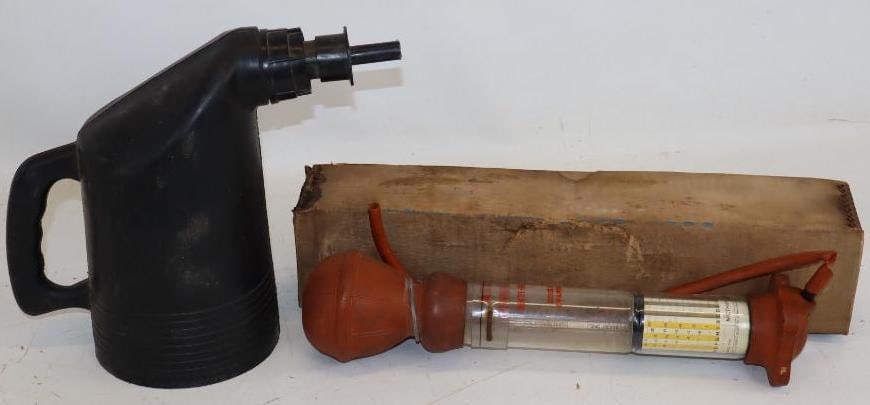 Group of 3 Atlas Anti-Freeze Testers and Battery Filler Container: largest is 5" x 10" x 9"