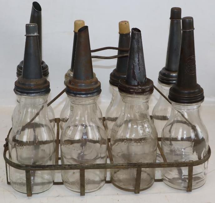 Group of 8 Embossed Oil Bottles with Metal Carrier (1 of 4)