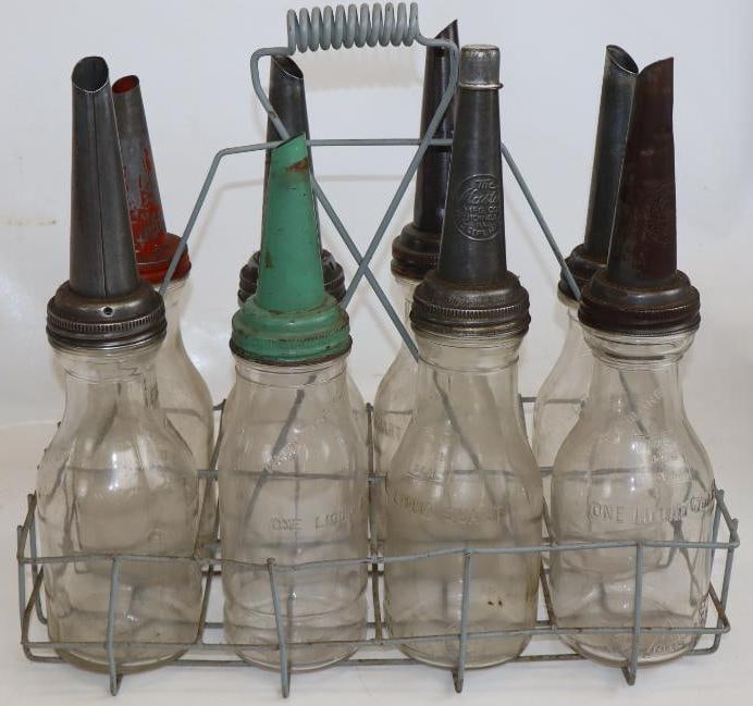 Group of 8 Embossed Oil Bottles with Metal Carrier (1 of 4)