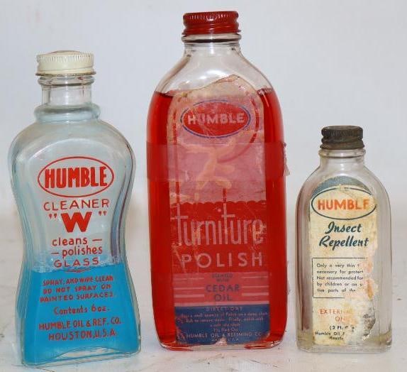 Group of 3 Humble Insect Repellent, Glass Cleaner and Furniture Polish Glass Bottles: largest 7.75oz, furniture polish bottle label is stained and taped
