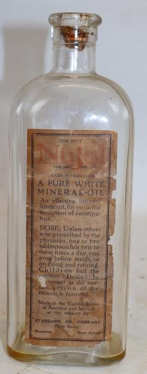 Early Standard of New Jersey Nujol Mineral Oil Embossed Pint Bottle with Paper Label: 16oz, has cork stopper