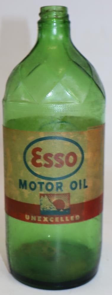 Unique Green Glass Esso Oil Bottle with Paper Label (1 of 2)