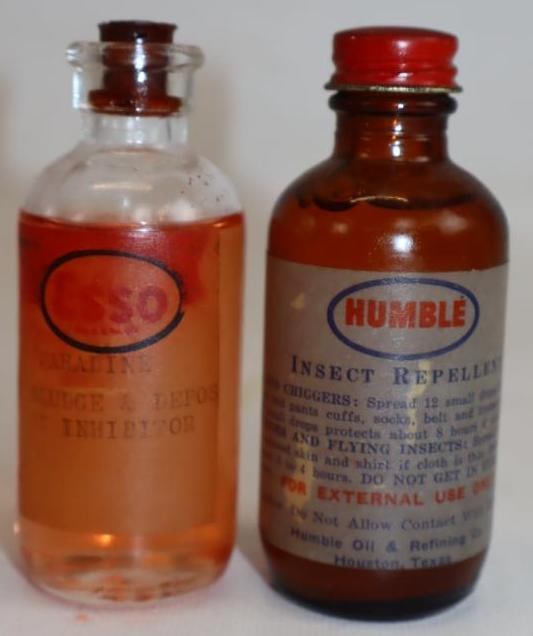 Group of 2 Esso and Humble Sludge Inhibitor and Insect Repellent Glass Bottles with Paper Labels: 2oz, both labels have staining
