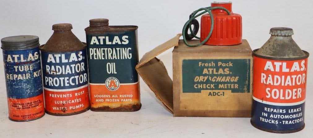 Group of 5 Atlas Car Care Products Cans and Box: largest 12oz
