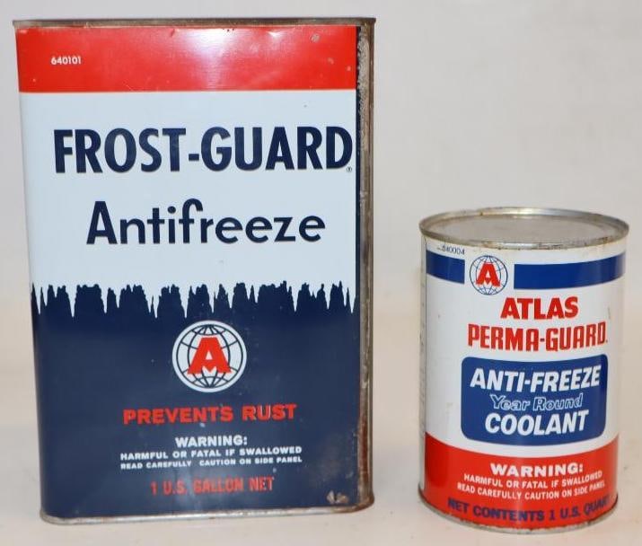 Group of 2 Atlas 1 Gallon & 1 Quart Metal Antifreeze Cans: largest 6.5" x 4" x 9.5"