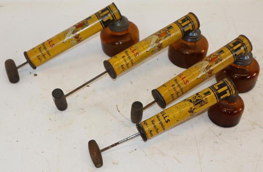 Group of 4 Standard of New Jersey Flit Graphic Insecticide Sprayers: largest 11" x 3" x 4"