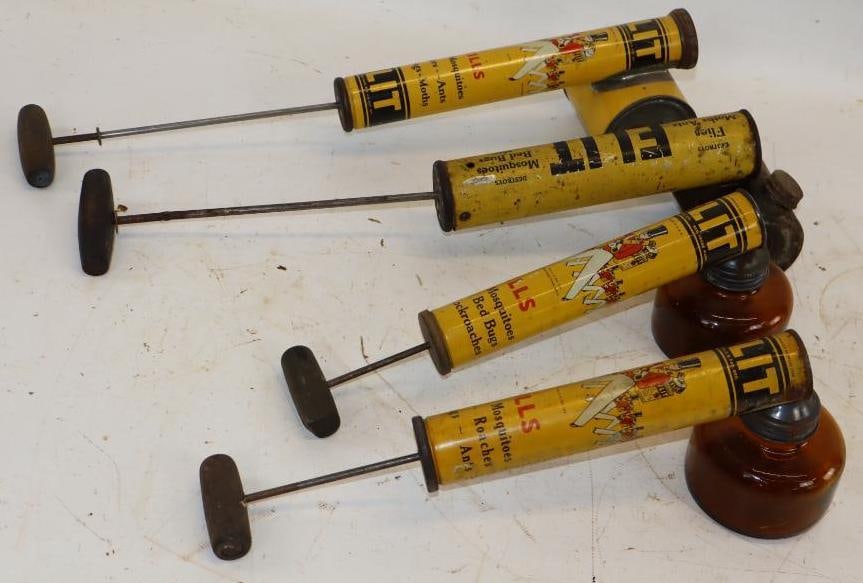 Group of 4 Standard of New Jersey Flit Graphic Insecticide Sprayers: largest 13" x 4" x 3.5"