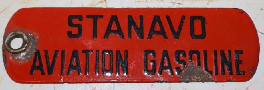 Stanavo Aviation Porcelain Gasoline Tag: 5" x 1.5"