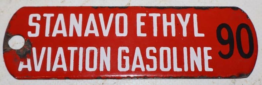 Stanavo Ethyl 90 Aviation Porcelain Gasoline Tag: 5" x 1.5"
