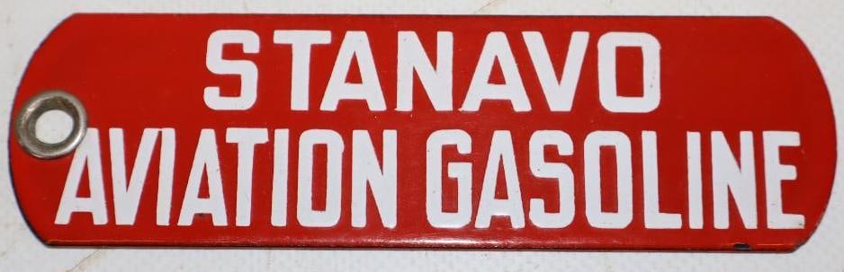 Stanavo Aviation Porcelain Gasoline Tag: 5" x 1.5"