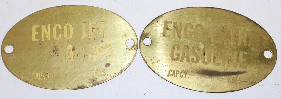 Group of 2 Enco Extra and Jet Brass Gasoline Tags: 4" x 2.75" each