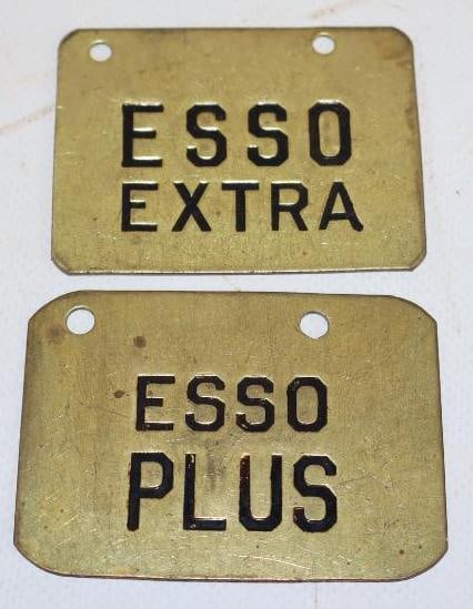 Group of 2 Esso Plus and Extra Brass Gasoline Tags: 2.75" x 2" each