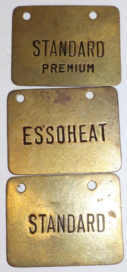 Group of 3 Standard and Essoheat Brass Fuel Tags: 2.5" x 2" each