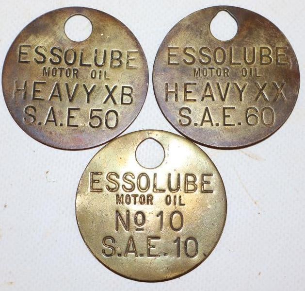 Group of 3 Different Brass Essolube Oil Tags: 2" x 2" each