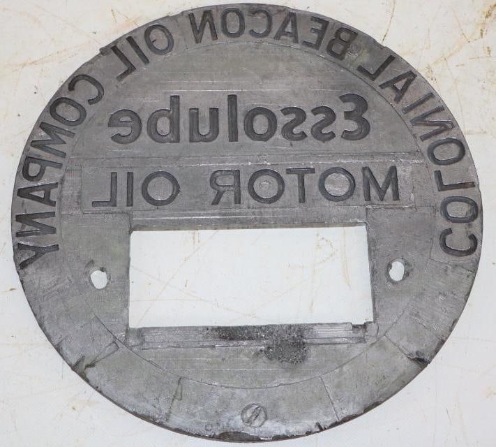 Colonial Beacon Essolube Motor Oil Tank Cap Cast Stamp: 11" x 11"