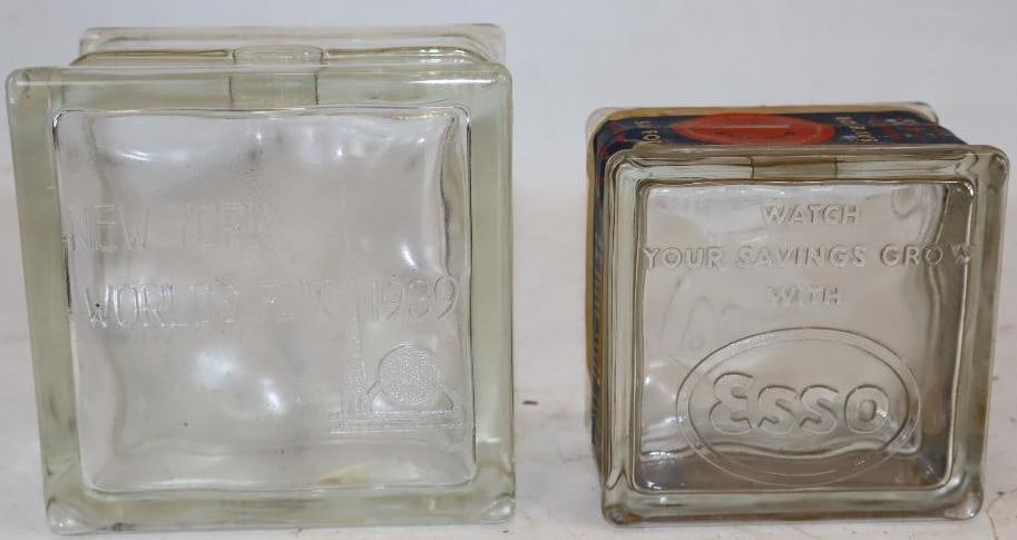 Group of 2 1939 New York Worlds Fair and Esso Glass Block Coin Banks: largest 5.75" x 5.75" x 3.75"