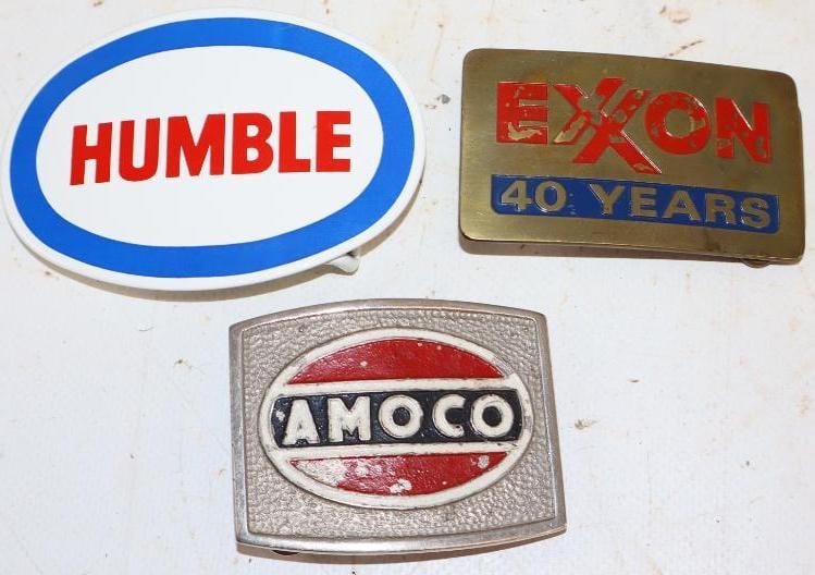 Group of 3 Humble, Exxon, and Amoco Belt Buckles: largest 3.5" x 2.5"