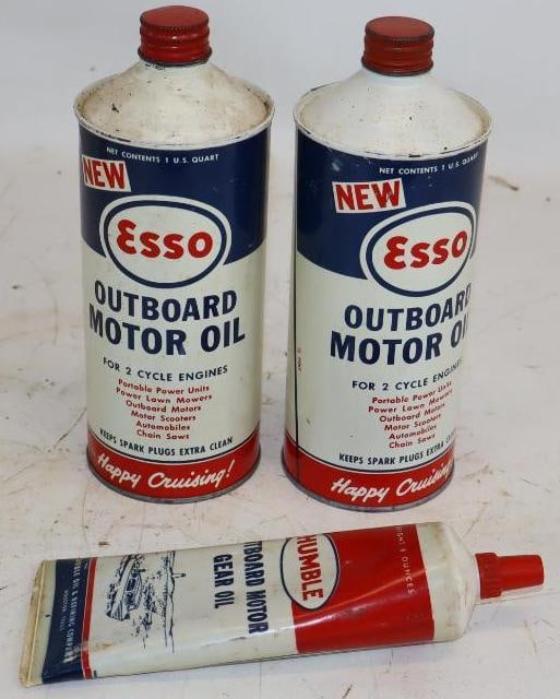Group of 3 Esso Outboard Conetop Oil Cans and Humble Outboard Gear Grease Tube (1 of 2)