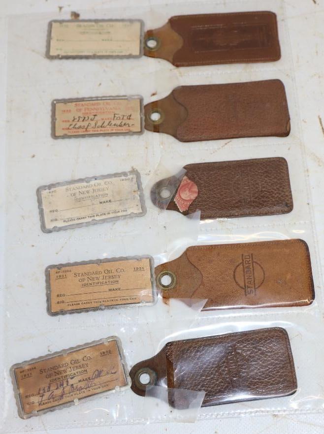 Group of 5 Beacon Oil and Standard Oil of PA and NJ Metal Company Identification Tags with Leather: largest 2.75" x 1.5"