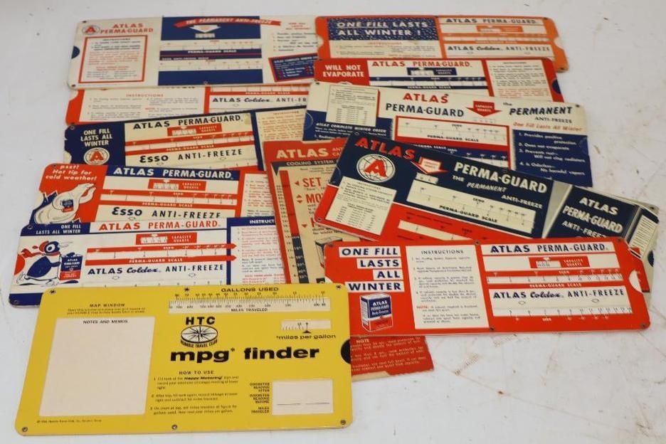 Group of 12 Atlas and HTC Slide Rulers: largest 10" x 4.25"