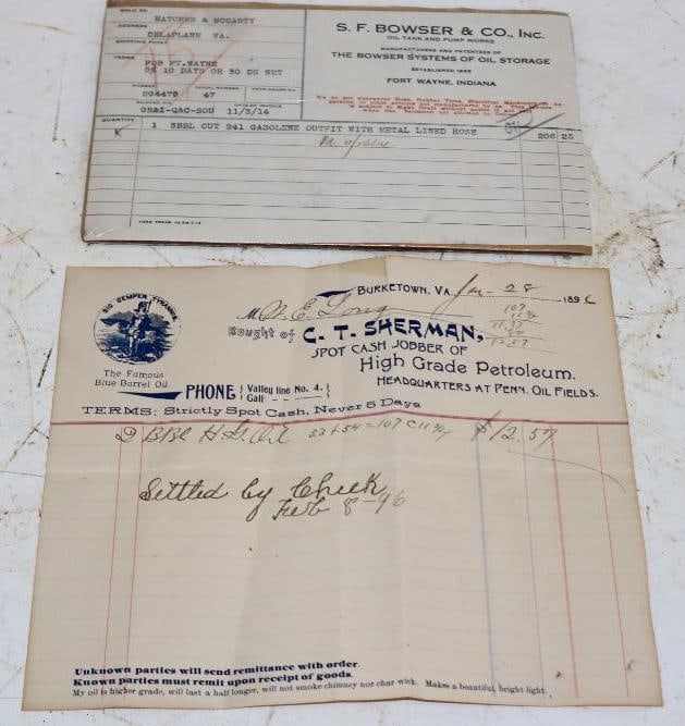 Group of 2 1914 & 1896 Bowser & C.T. Sherman Oil and Gas Receipts (1 of 3)