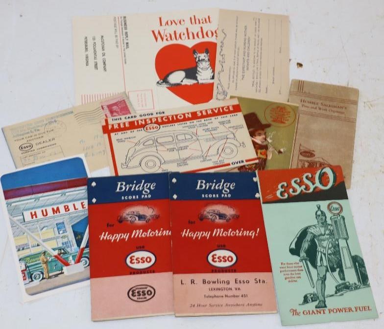 Group of 10 Esso and Humble Postcards, Mailers, and Bridge Score Pads: largest 6" x 6.5"