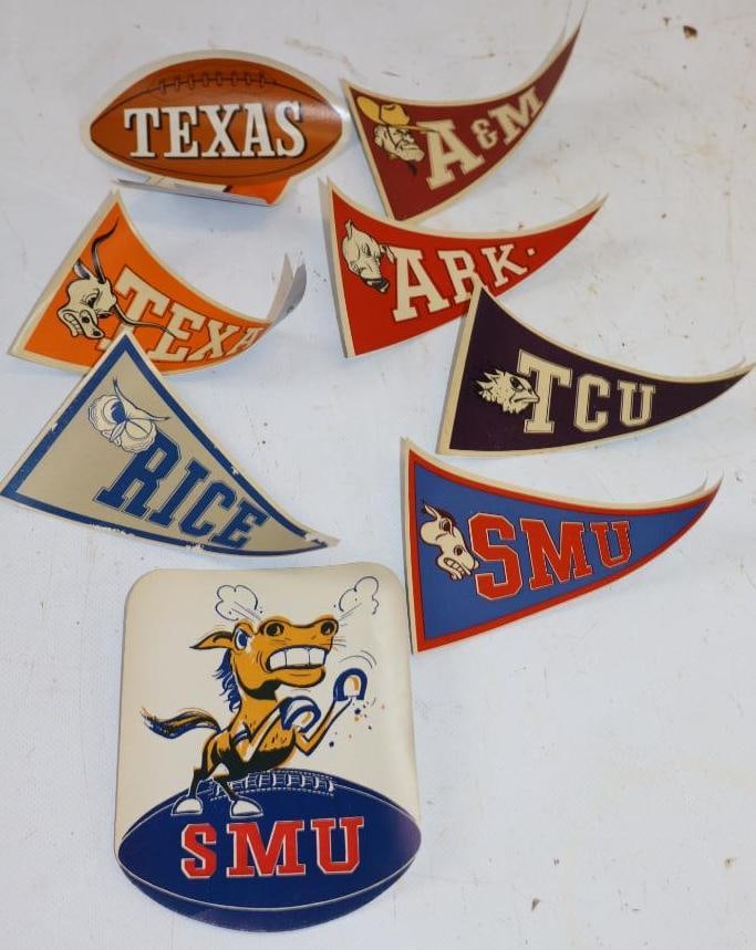 Group of 8 Humble Oil College Football Decals: largest 4" x 5"
