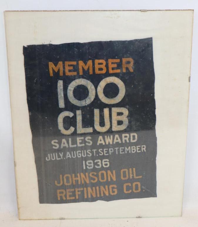 1936 Johnson Oil and Refining 100 Club Sales Member Felt Award: 11" x 15", uneven edges