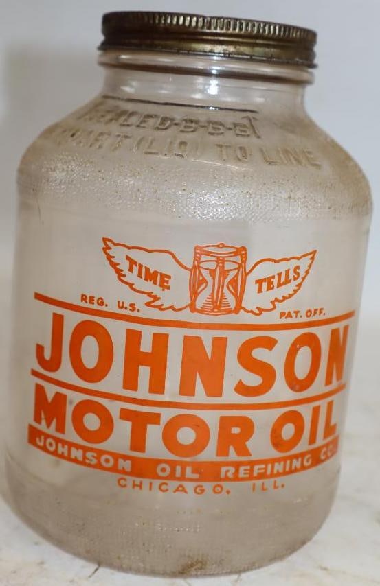 Johnson Oil Refining Wartime Glass Oil Jar: 32oz, empty